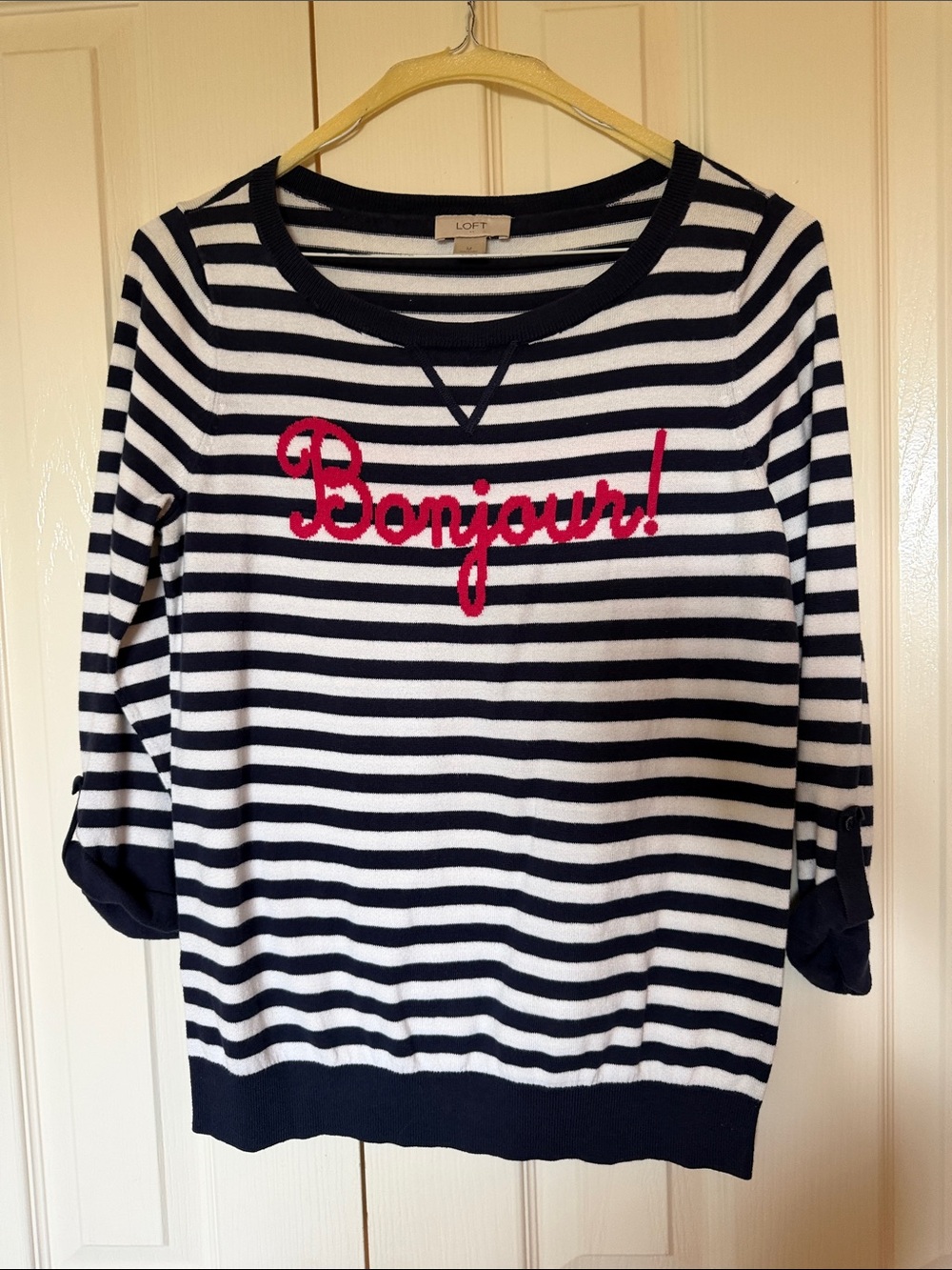 LOFT Navy & White Striped Crewneck Sweater with Pink "Bonjour" Script